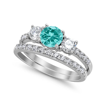 3-Stone Wedding Bridal Piece Ring Simulated Paraiba Tourmaline CZ 925 Sterling Silver
